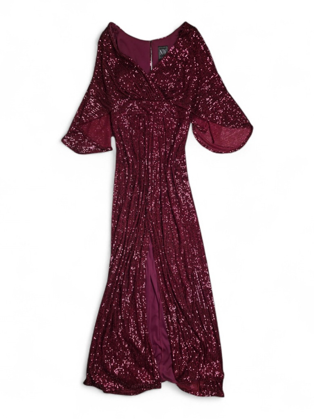 Nightway Burgundy Sequin Maxi Evening Dress 3/4 Flutter Sleeve V-Neck Zip Size 4 - Picture 2 of 4